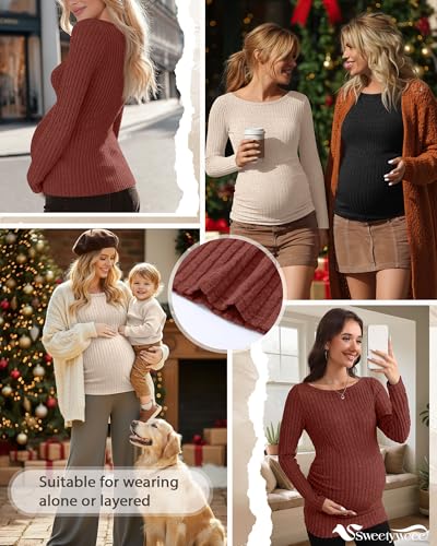 3 Pack Maternity Sweaters Long Sleeve Pregnancy Tops - color: Dark Pumpkin, Apricot, Black, size: Medium