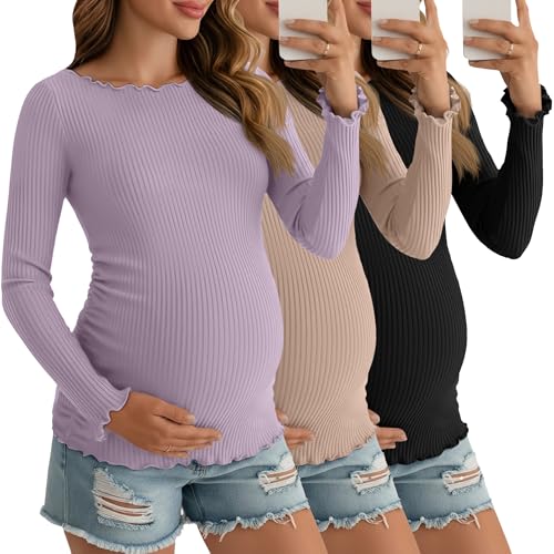 3 Pack Women's Maternity Cotton Shirts Long Sleeve - color: Dusty Purple, Khaki, Black, size: XX-Large