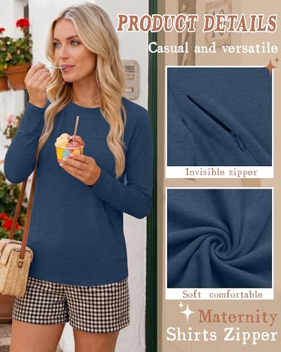4 Pack Nursing Breastfeeding Tops with Hidden Zipper - color: Hazy Blue, Khaki, White, Black, size: Medium