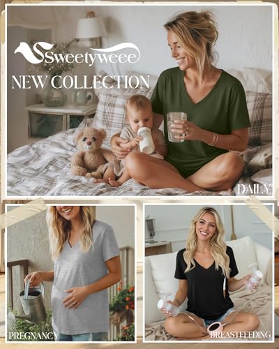 3 Pack Women's Nursing Tops Breastfeeding Shirts - color: Black, Light Heather Gray, Army Green, size: Medium