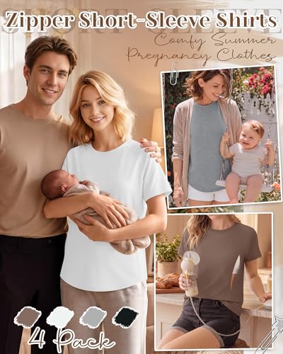 Huukeay 4 Pack Women's Nursing Breastfeeding T-Shirts - color: Coffee, White, Gray, Black, size: Large