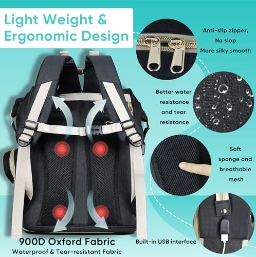 ZRSUN Diaper Bag with Changing Station, 3 in 1 Multifunctional, Black - color: Black