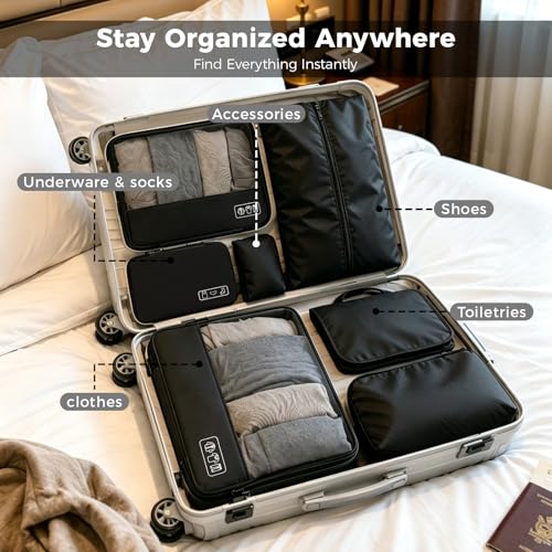 Compression Packing Cubes for Travel, 8-Piece Luggage Organizers Space-Save - color: Black-8 Set