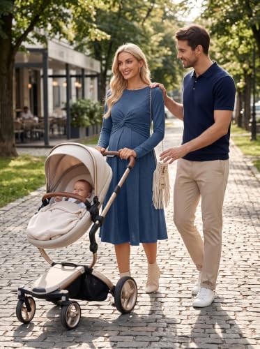 BLENCOT Maternity Nursing Midi Dress Twist Knot Pull Up Feed Postpartum - color: Dusk Blue, size: Small