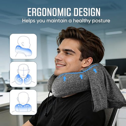 SkytraxComf® Travel Neck Pillow with Hood for Privacy on Long Flights - color: Grey