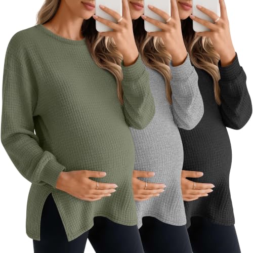 3 Pack Women's Maternity Waffle Knit Shirts - color: Army Green, Light Grey, Black, size: Small
