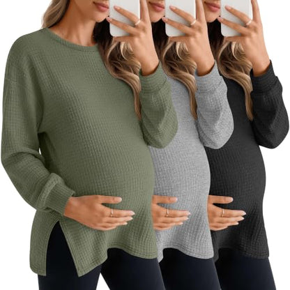 3 Pack Women's Maternity Waffle Knit Shirts - color: Army Green, Light Grey, Black, size: Large