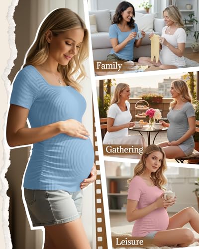 Huukeay 4 Pack Women's Short Sleeve Maternity Shirts - color: Heather Gray, White, Light Blue, Pink, size: Small