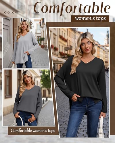 Huukeay 3 Pack Women's Oversized Long Sleeve V Neck Shirts - color: Black, Heather Gray, Gray, size: X-Large