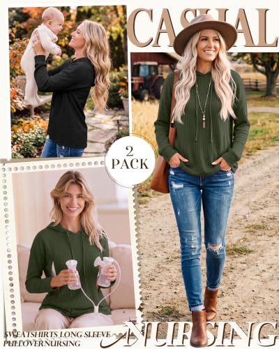 Ficerd 2 Pack Women's Nursing Waffle Hoodies Breastfeeding Tops - color: Army Green, Black, size: Small
