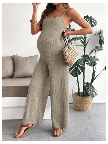 MakeMeChic Women's Maternity Cami Jumpsuit Ribbed Pregnancy Overalls Romper - color: Apricot, size: X-Large