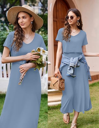 Ekouaer Womens Nursing Dress Breastfeeding Summer V Neck Maternity Dresses - color: Grey Blue, size: Small