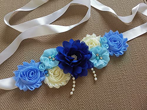 Maternity sash handmade flower sash for baby shower - color: Royal Blue