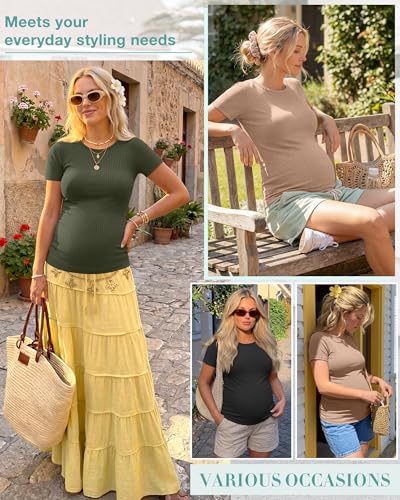 Ficerd 3 Pack Women's Maternity Shirts Short Sleeve Ribbed Pregnancy Tops Crew Neck Basic Tees Summer Mama Clothes - color: Khaki, Army Green, Black, size: Large