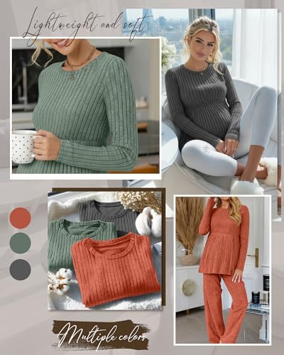 3 Pack Maternity Shirts Long Sleeve Ribbed Sweaters - color: Caramel, Green, Dark Gray, size: Small
