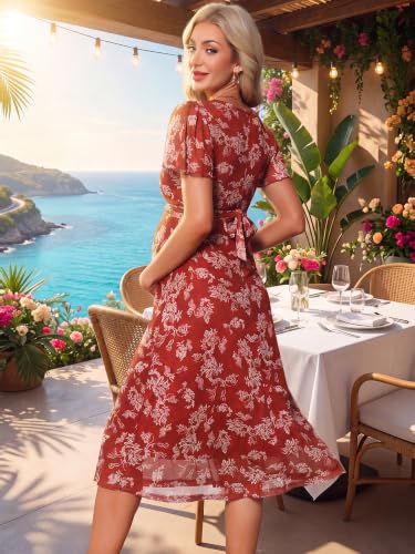 Maternity Wedding Guest Dress Floral Mesh Dress - color: Red & White Flower, size: Small