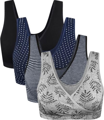 CAKYE 4 Pack Nursing Bras for Breastfeeding Maternity Cotton Sleep Bralette - color: A-black/Navy Dot/Grey Print/Stripe-4pcs, size: Small