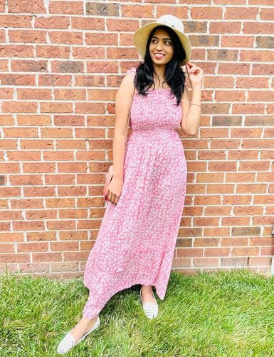 Tobrief Women's Boho Dress Summer Spaghetti Strap Square Neck Flowy Ruffle Beach Long Maxi Dress - color: 04 Pink Floral, size: Medium