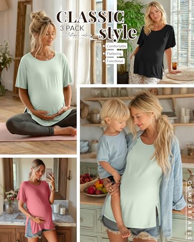 Riyiper 3 Pack Women's Maternity Tunic Cotton Shirts - color: Gray Green, Brick Red, Black, size: Medium