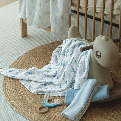 Muslin Swaddle Blankets for Newborn, Cotton Receiving Blanket - color: Blue Ocean Whale