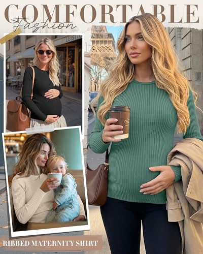 4 Pack Womens Ribbed Maternity Shirts Slim Fit Tops - color: Brick Red, Emerald Green, Apricot, Black, size: Large