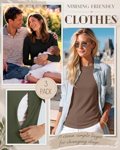 3 Pack Women's Nursing Tops Breastfeeding Shirts Fall - color: Army Green, Coffee, Black, size: Medium