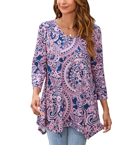 ENMAIN Women's Tops Plus Size Tunic Tops 3/4 Sleeve Flare Hem Paisley Print Loose Fit Casual Blouse to Wear with Leggings - color: A3-pink & Paisley, size: X-Large