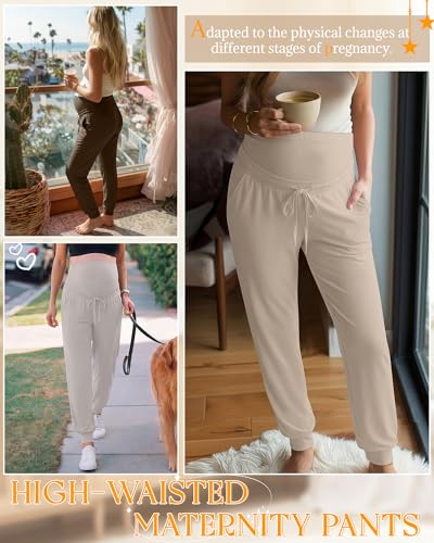 3 Pack Womens Maternity Pants Loose Pregnancy Joggers - color: Oatmeal Color, Apricot, Coffee, size: Medium