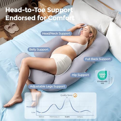 Momcozy Cooling Pregnancy Pillow - Dreamlign U Pro Maternity Pillow - color: Grey -Cooling Fabric
