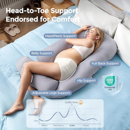 Momcozy Cooling Pregnancy Pillow - Dreamlign U Pro Maternity Pillow - color: Grey -Cooling Fabric