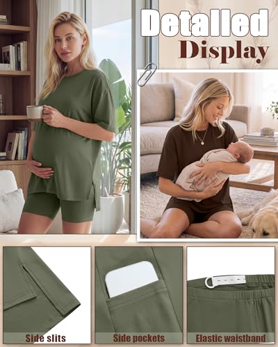 Huukeay 2 Pack Women Maternity Set Pregnancy Outfits - color: Army Green, Dark Brown, size: Large