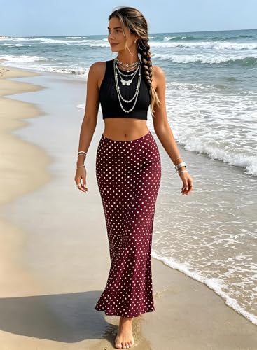 BLENCOT Womens High Waisted Long Mesh Polka Dot Maxi Skirt - color: Dot Burgundy, size: Large