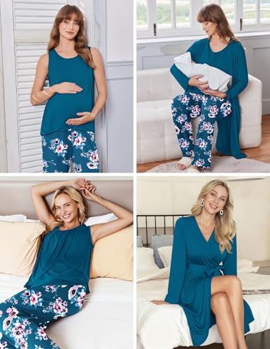 Ekouaer Maternity Pajamas Nursing Robe Set 3 Pieces Post Partum Lounge Sets - color: Lake Blue, size: Small