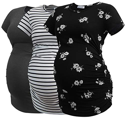 Smallshow Women's Side Ruched Tunic Maternity Shirts 3 Packs - color: Deep Grey-svp121-white Stripe(3 Pack), size: Large