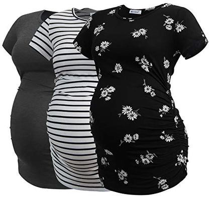 Smallshow Women's Side Ruched Tunic Maternity Shirts 3 Packs - color: Deep Grey-svp121-white Stripe(3 Pack), size: Medium