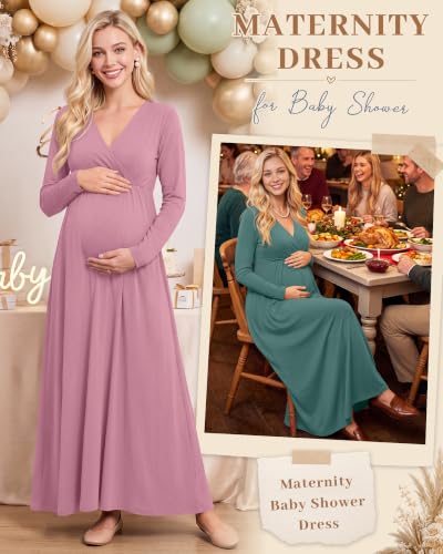 Neer 2 Pcs Maternity Maxi Dresses Long Sleeve Fall Nursing Dress - color: Sage Green, Dusty Pink, size: XX-Large