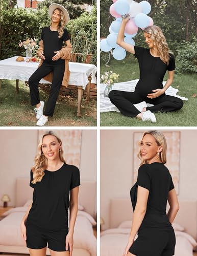 Ekouaer Maternity Nursing Pajamas Set 3 Piece Postpartum Breastfeeding Pjs - color: Black, size: Medium