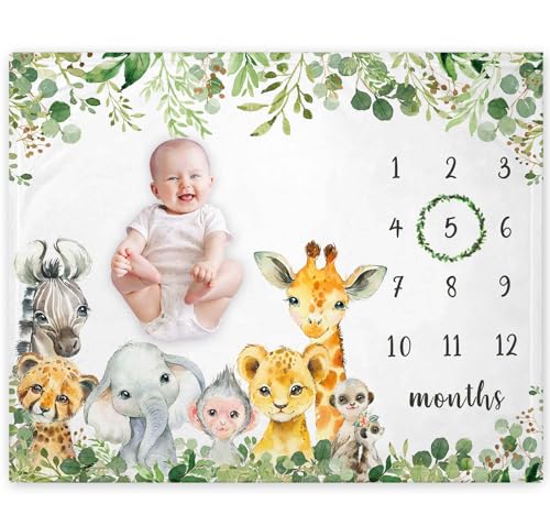 Safari Animals Milestone Blanket, Jungle Baby Growth Chart Monthly Blanket