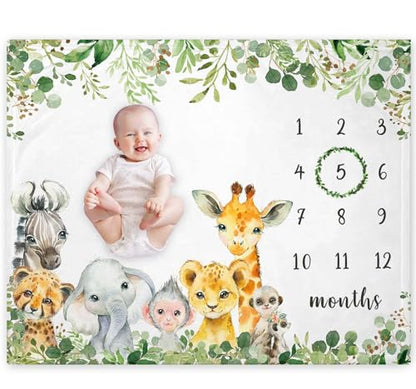 Safari Animals Milestone Blanket, Jungle Baby Growth Chart Monthly Blanket