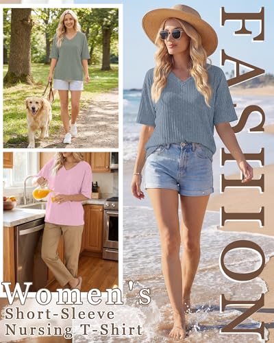 Ficerd 4 Pack Women's Oversize Nursing Shirts - color: Blue, Light Pink, Light Green, Light Coffee, size: XX-Large