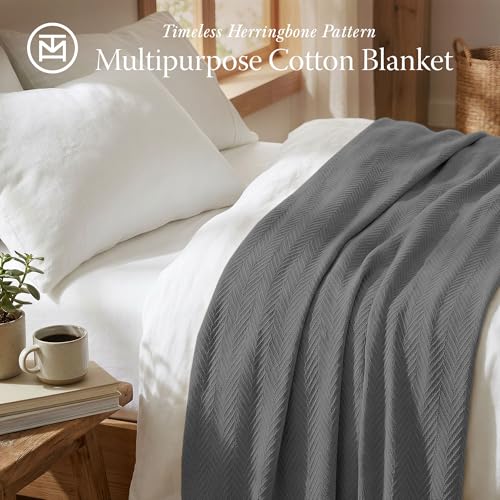 Threadmill Luxury 100% Cotton Queen Herringbone Blanket, Dark Grey - color: Dark Grey, size: Queen (90" x 92")