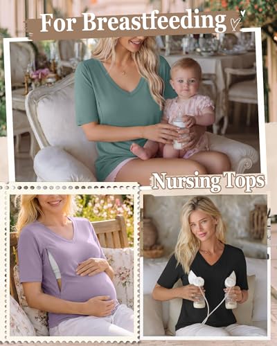 4 Pack Women Nursing Shirts Breastfeeding Tops - color: Gray Green, Taro Purple, White, Dark Gray, size: Medium