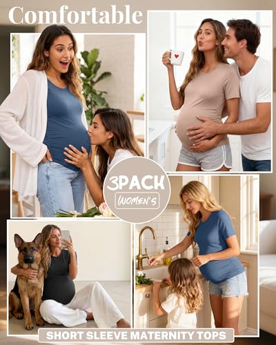 Ficerd 3 Pack Women's Maternity Side Ruched T-Shirts - color: Black, Haze Blue, Khaki, size: X-Large