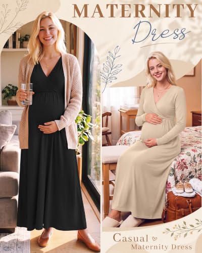 Neer 2 Pcs Maternity Maxi Dresses Long Sleeve Fall Nursing Dress - color: Cream, Black, size: Large