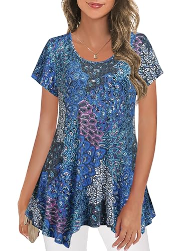Nandashe Women Short Sleeves Tunic Scoop Neck Floral Irregular Hem Tops - color: Aqua, size: XX-Large