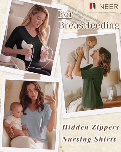 Neer 3 Pack Women's Nursing Shirts Breastfeeding Tops - color: Army Green, Gray, Black, size: Medium