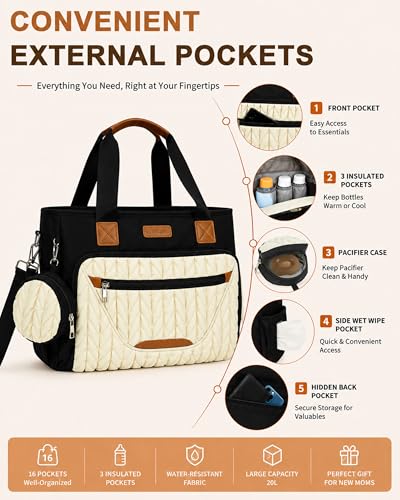 FHELAD Diaper Bag Tote for Women, Baby Diaper Bag Set (Black-White) - color: Black-white