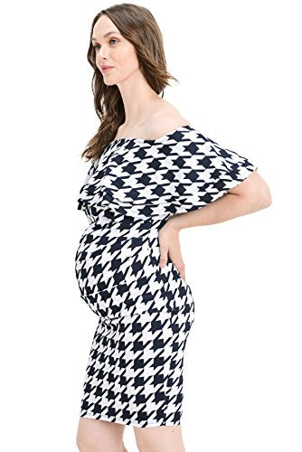 LaClef Women's Off Shoulder Maternity Dress with Double Ruffle - color: D.navy Houndstooth, size: Small