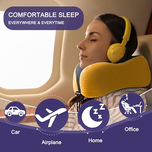 napfun Neck Pillow for Travel, Memory Foam Airplane Pillow, Yellow - color: Yellow