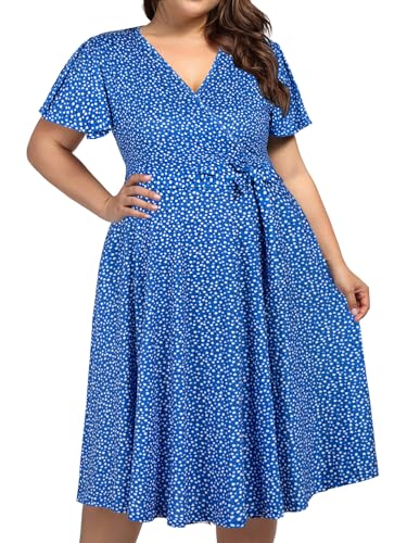 kissmay Plus Size Womens V Neck Floral Cocktail Party Midi Dresses - color: A-blue/White, size: 22 Plus
